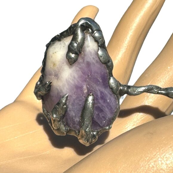 Handcrafted Amethyst Stone Claw Bangle Bracelet With Silver Blend Twist Design - Picture 3 of 11